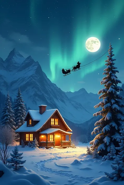 House alone through windows of it can see yellow lights . Ground and house is covered by snow and it decorated by Christmas decorations lights e.t.c . Ground covered by snow and in garden can see a pine tree decorated with christmas decorations lights .hou...