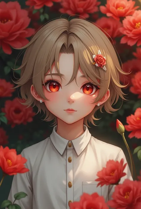 Half-realistic boy , dark blond hair,light red eyes, Earrings, blush,  hair ornament, simple white shirt , background with red flowers