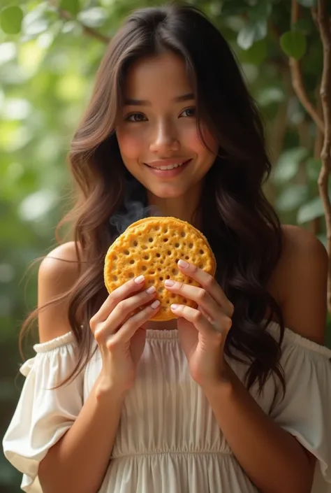  Beautiful girl with long wavy hair, dress, Eating arepa
