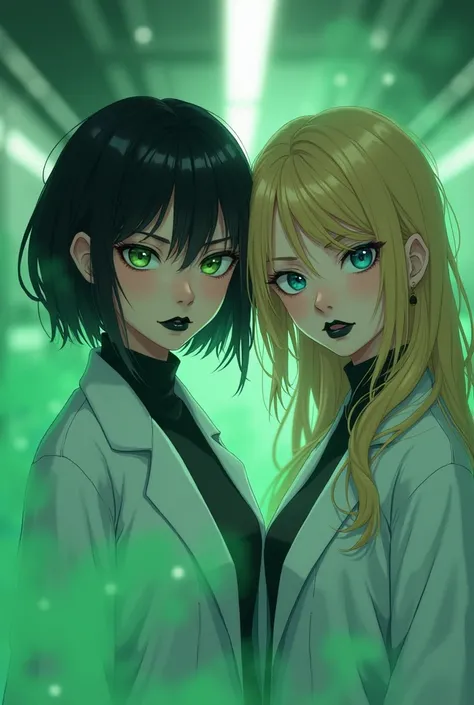 score_9, score_8_up, score_7_up, score_6_up, score_5_up, score_4_up, anime, 2girls, couple, viper, viper from valorant, black hair, short hair, bright green eyes, black lips, black lipstick, white lab coat, bust shot, portrait,  green toxic gas, green smok...