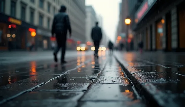 8K, RAW Photo, Best Quality, Masterpiece: 1.2),Its raining, the streets are wet Footprints left on the pavement Every drop is a story, old loves Wet and cold but it echoes in my heart boys and girls come out