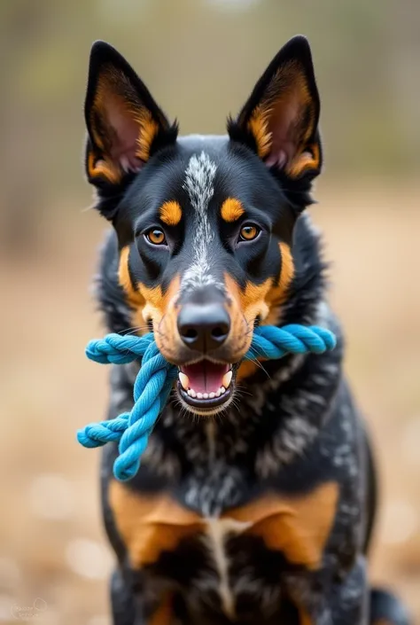 An harlequin beauceron dog with a blue rope in his mouth