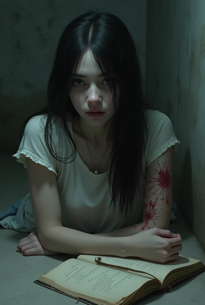 A teenage girl with black hair has pale skin, gray eyes and an arm covered with self-mutilation scars. 