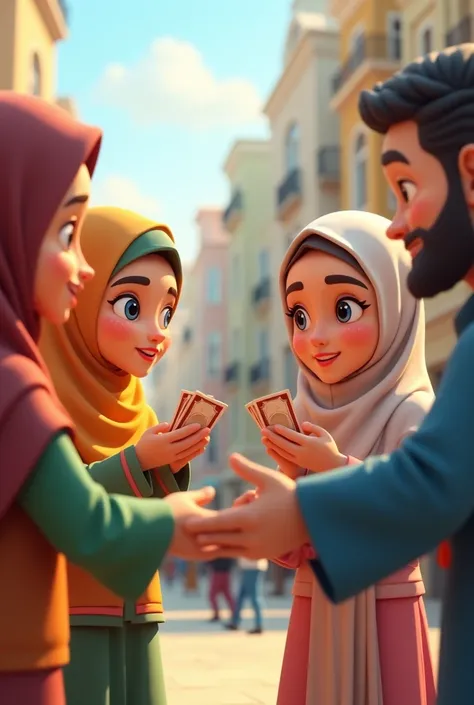 3d cartoon Muslims giving money to the poor