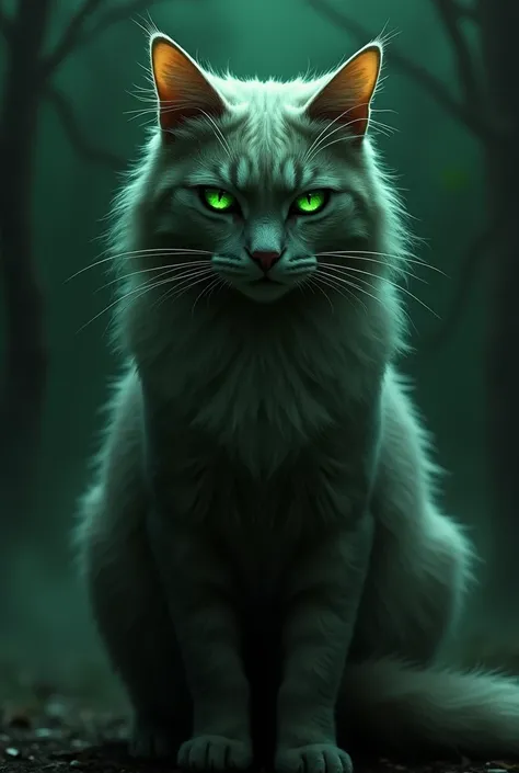 Wicked green-eyed long-haired cat with sinister back