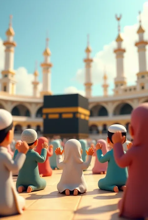 3d cartoon Muslims praying in Mecca