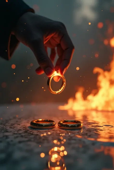 Two broken wedding rings, fallen on the marble lake, enveloped in burning flames, a hand from a black figure releasing the ring. The apocalyptic scenario reflects the torment of hell, with a dark and formless image in the background. On the distant horizon...