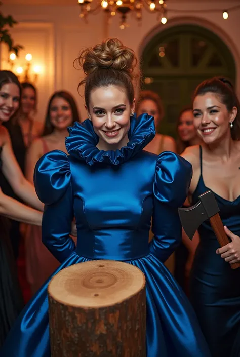 (realistic photograph sideways close up), (a smiling beautiful Caucasian lady with (messy hair bun), she is down on the floor and wearing a (excessive shiny cobalt silk gown with (long gigantic puff sleeves), (and with an ultra high tight stand-up collar u...