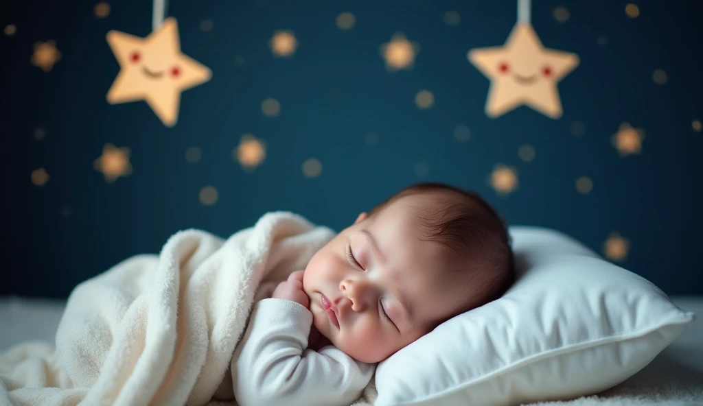 A peaceful  baby is sleeping, wrapped in a white, pillow, with a blanket on top, and smiling star ornaments hanging from the ceiling, illuminated against a dark blue night sky decorated with smaller gold stars in the background. The scene evokes a serene a...