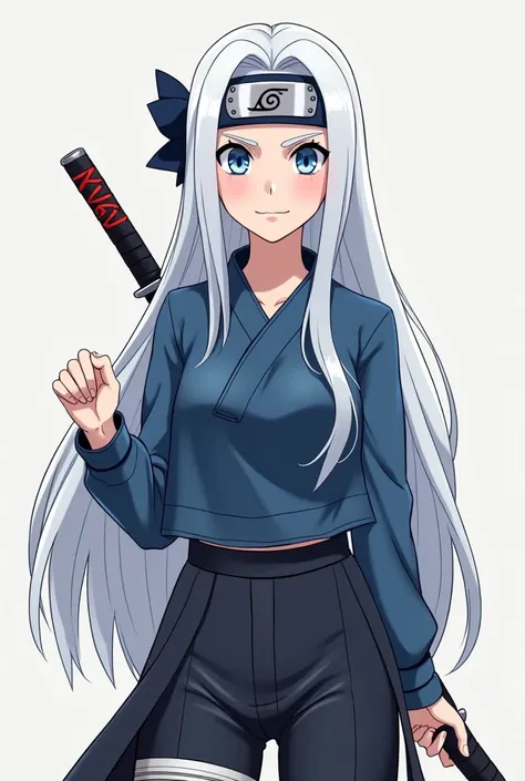 Naruto oc base 1 fille de 15 ans  Cheveux Longs blanc , blue eyes, Closed lips and AnimeAnimated ninja outfit, Shes wearing a ninja outfit .  Shes wearing a blue top and black pants Konoha Headband, elle sourit, il y a le bandeau de Konoha sur ses vetement...