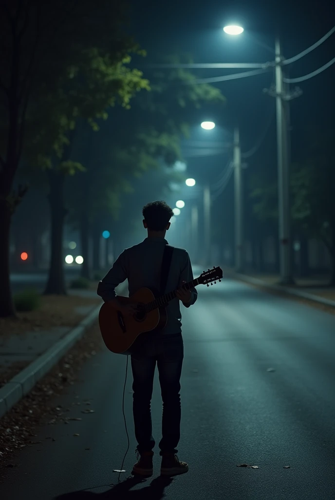 A 27-year-old young man is alone, playing his guitar on a quiet, deserted street at night. The dim streetlights cast long shadows on the empty road, and the soft strumming of his guitar fills the silence. His face is calm, with a hint of introspection as h...