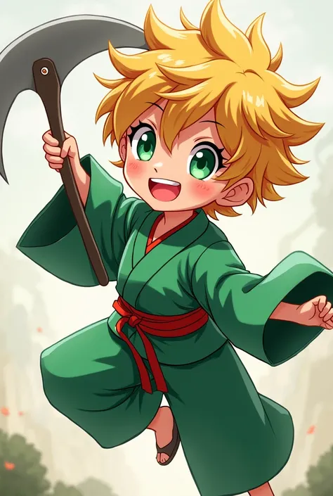 Blond-haired anime boy with red highlights and green eyes ,  holding a sickle , wearing a green kimono , smiling 