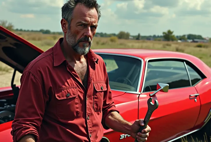 a rugged man in his late 30s with a crimson shirt, rolled-up sleeves, and faint oil stains on his clothes and hands. His face shows smudges of grease, adding to his worn, hardworking appearance. He stands by the open hood of a red Chevrolet Camaro, holding...