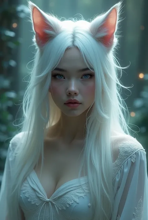 woman with cat ears,  white hair 