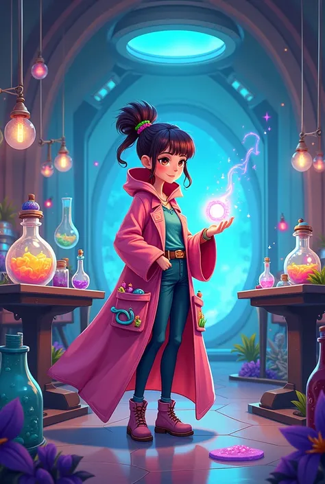 Create a female character in cartoon style about a space alchemist dressed in a robe full of positions in her pockets and inside a space laboratory