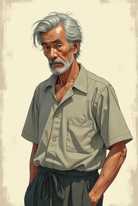 Old elderly Asian man with shirt and pants old anime style art