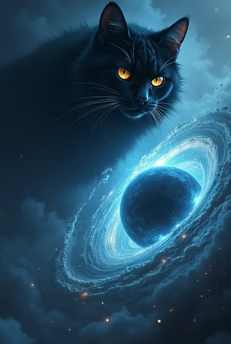 A very evil cat in the background with a black hole engulfing a planet