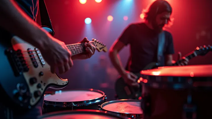 A rock band plays on stage ,  close-up of a drum solo