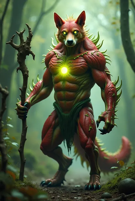 Create 32k Ultra-realistic masterpiece of a dangerous hybrid fusion featuring a mutated Dog, Apple, and The Elder Wand as a costume, combined into one powerful creature. The Dog’s muscular body is fused with the vibrant texture of the Apple, with red and g...