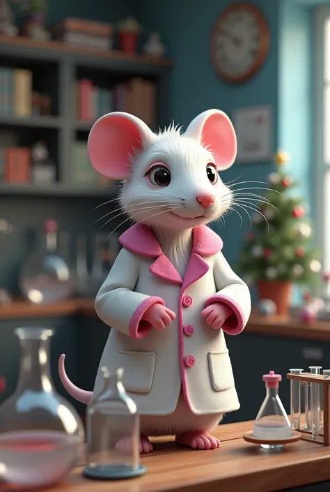 Christmas chemical rat in laboratory with lab coat and pink details