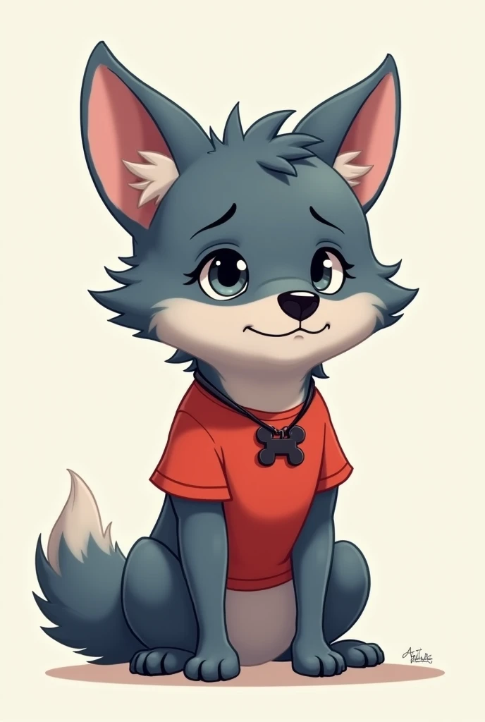 Picture a cute little wolf with blue, gray, half-curly hair, and Suin, wearing a red t-shirt, a black dog necklace, and crying like something chagrin
