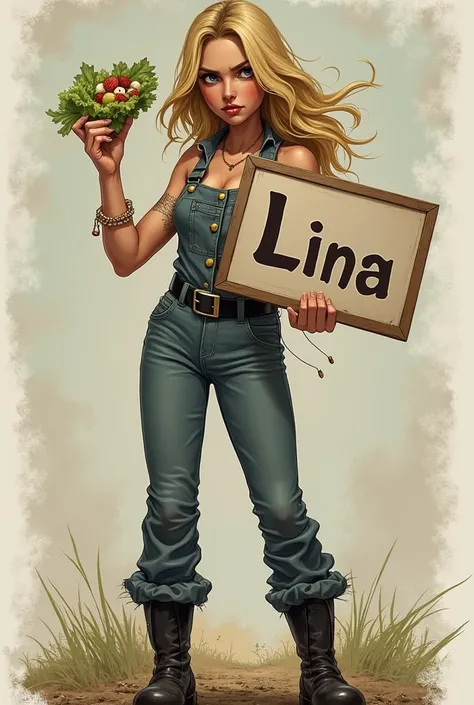 Country girl , with black boots and half-frizzy jumpsuit,  blond country girl eating salad angrily and holding a sign that says. lina 