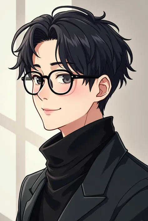 thick glasses, handsome korean man, Black short hair ,  black neck polarity ,  clean white skin ,  thin and soft illustration,  with double eyelids on only one side
Angle viewed from the side, Smiling expression , Editorial office  