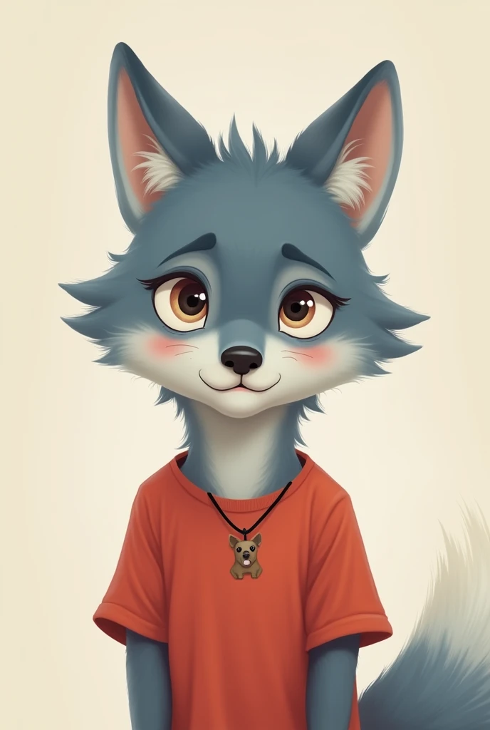 Picture a cute little wolf with blue, gray, half-curly hair, and Suin, wearing a red t-shirt, a black dog necklace, and crying like something chagrined.
