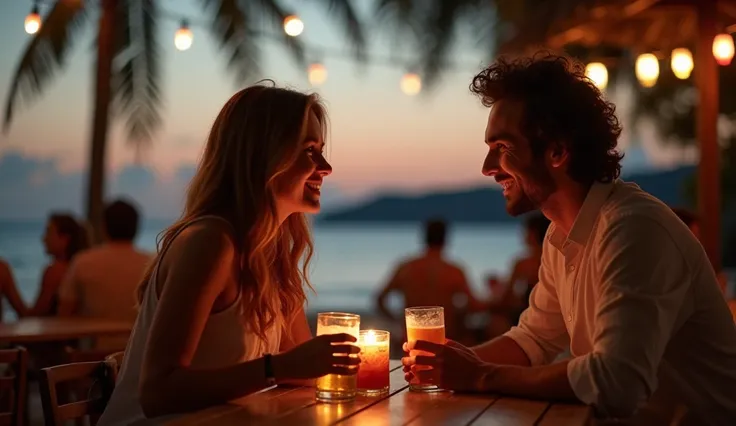 Realistic photo of "Hannah and David Meeting on Sairee Beach"
A warm evening on Koh Tao’s Sairee Beach, with soft lights from nearby bars and a calm sea in the background. Hannah and David are shown meeting for the first time, smiling as they sit near a gr...