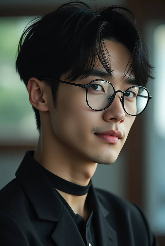 thick glasses, handsome korean man, Black short hair ,  black neck polarity ,  clean white skin , with double eyelids on only one side
Angle viewed from the side, Smiling expression , Editorial office ,A live-action web novel cover picture