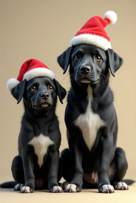  Two black dogs one bigger than the other with the. white breasts and Christmas hats  