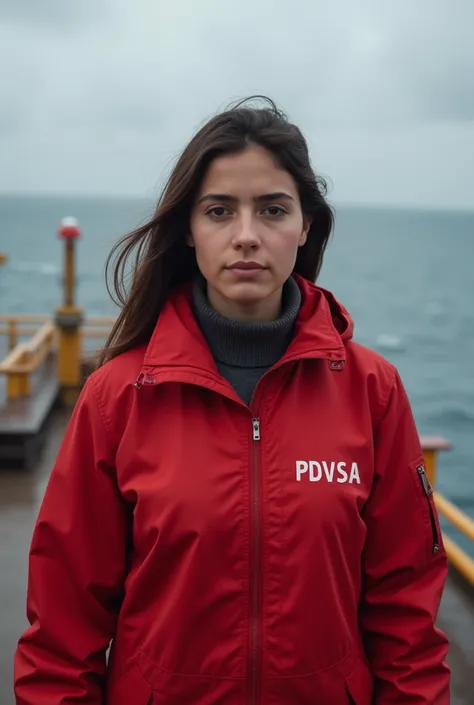 An adult girl wearing a red fastened jacket with a label that says PDVSA with the letters red and that the girl is on an operational base that can be seen a lot and is out at sea looking straight ahead