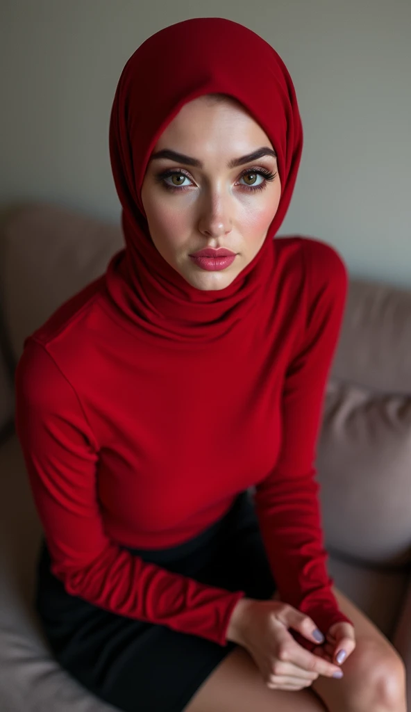 Photorealistic european hijabi woman, 165cm high, ((smooth skin, pale skin)), pink lipstick, brown eyes, long eyelashes, full lips, smokey eyeshadow, wide hips, curved ass, ((wearing tight red top, cleavage, tight sleeves, tight black mini skirt, big boobs...