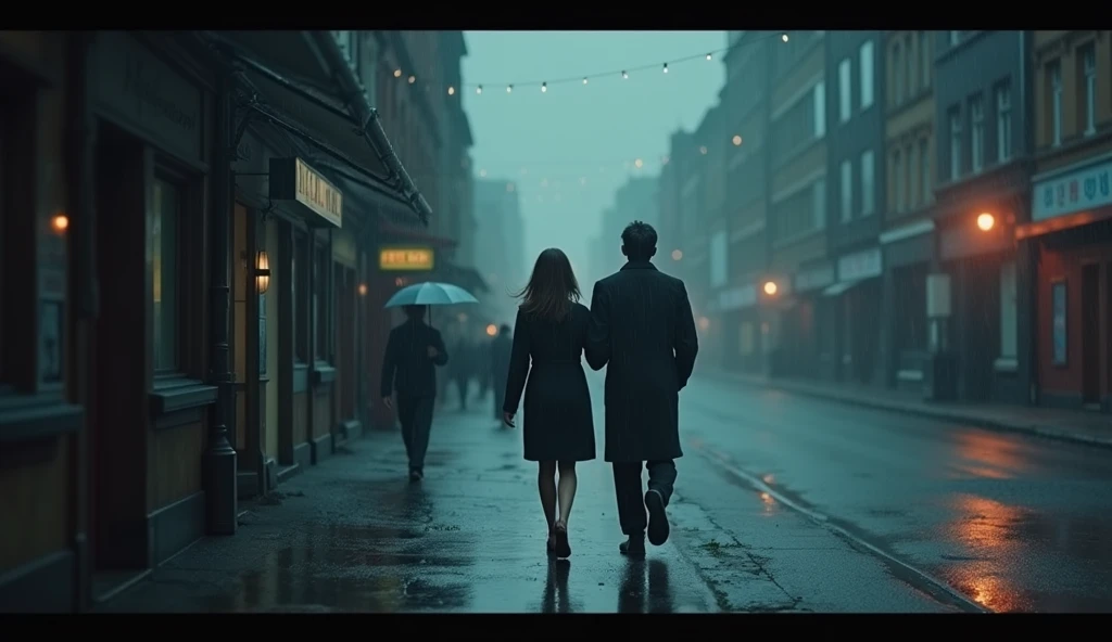 there are two people walking down the street in the rain, a picture by Jaakko Mattila, pexels, antipodeans, stunning moody cinematography, shot from movie, man and woman walking together, rainy streets in the background, still from a music video, high qual...