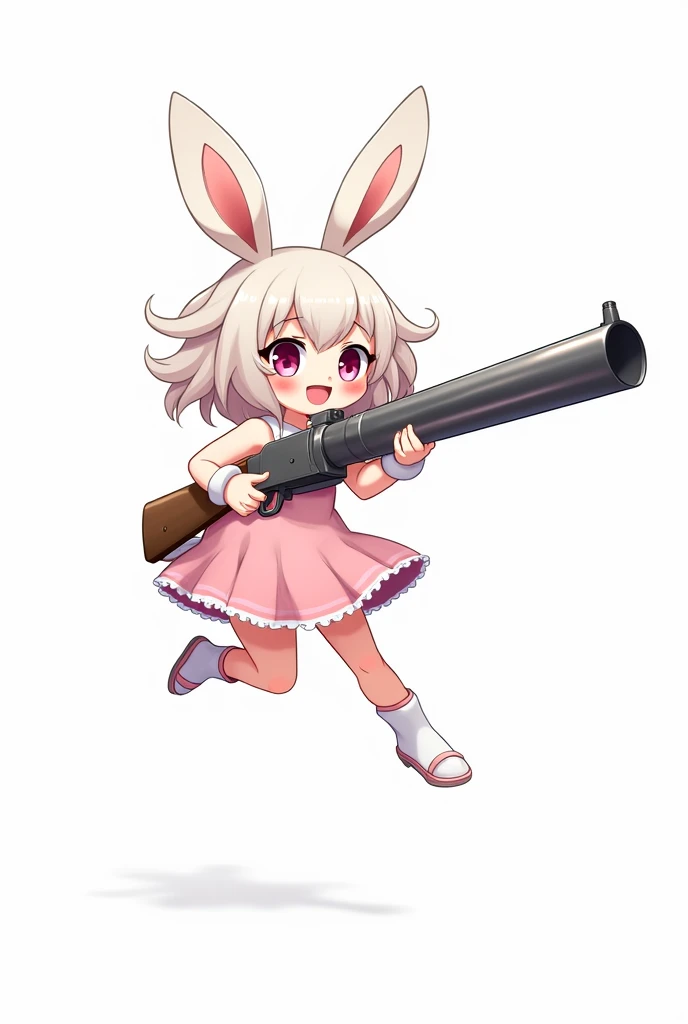 anime rabbit girl with rabbit ears jumping pose holding big gun short cute dress, white background.