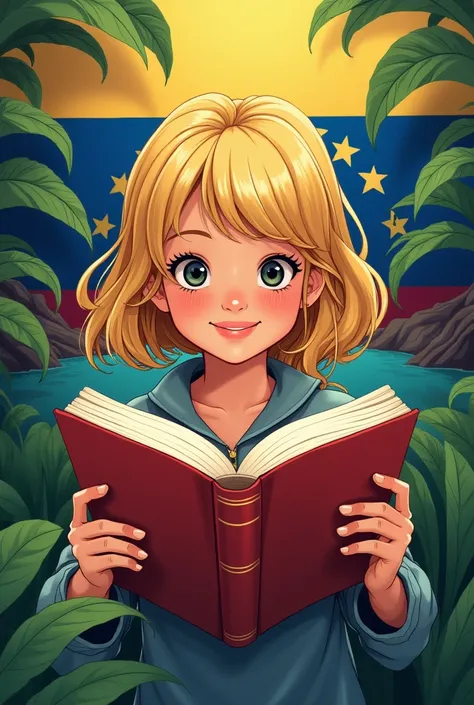 An illustration that has , smiling girl with blond hair and dark eyes reading ,  the Venezuelan flag with 7 stars and Venezuelan elements such as river landscapes