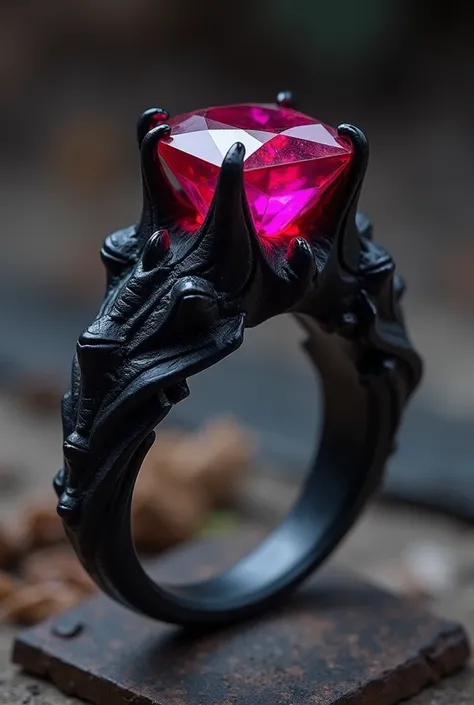 Black dragonbone ring with roby