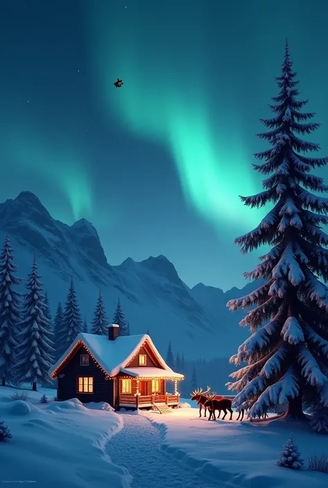 Ground is fully covered by snow can see mountains far this is winter and outside very dark due to mid night very far can  see tiny  House alone through windows of it can see yellow lights . it decorated by Christmas decorations lights e.t.c . Ground covere...