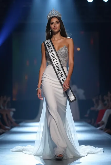  Professional Photography , she was in Miss Universe .  A beautiful young woman with straight long hair with a full body, walks on stage wearing a demure queen dress ,  covered long flared to the floor in silver white ,  as well as wearing the Indonesian c...