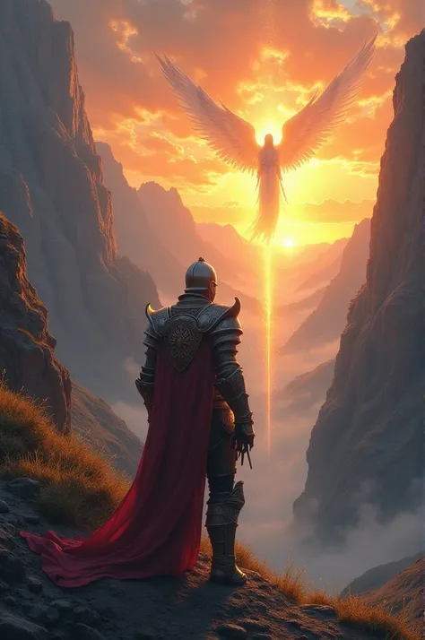 Imagine a warrior wearing a helmet admiring a sunset in a mountain ravine and Jesus winged right winged down