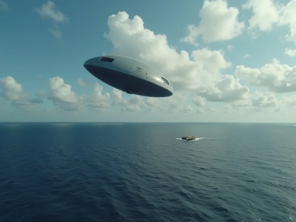  high quality ,  8k Ultra HD, extreme sharpness , extreme realism.  An oval object moving at high speed over a military installation off the coast of an uninformed country,  after sudden maneuvers , disappearing into the ocean .  The object shows an elusiv...