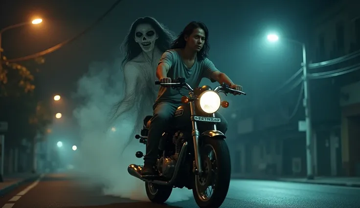 (photorealism:1.2), a Thai man riding motor alone at night with a female angry ghost sit at the back, horror decision 