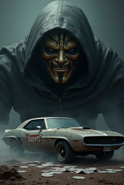 I want an image showing a car with the name Trails being crushed by a mask with the name Enigma and some poker cards 