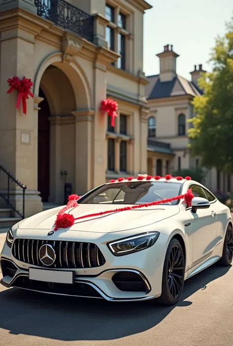 Belle voiture réaliste blanche de mariage avec décoration rouge de profil devant la mairie