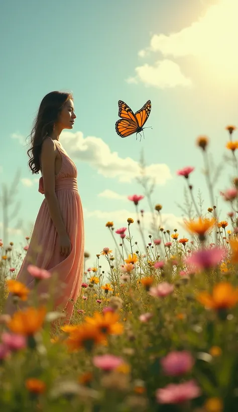 "Depict a butterfly fluttering among colorful flowers in a sunlit meadow while a woman stands nearby, admiring the delicate creature. The woman, dressed in flowing, nature-inspired clothing, appears connected to the environment, creating a serene and harmo...