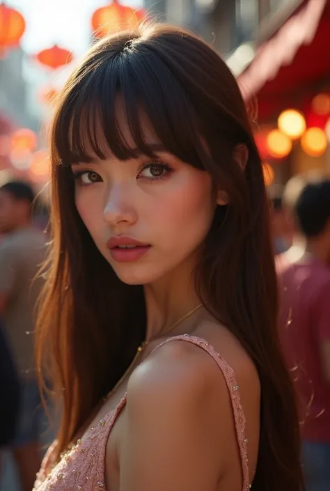 The background is a festival，(Highest quality,Very detailed,High resolution:1.2),beautiful girl，Brown straight hair,Brown bangs，very_Long eyelashes, Detailed lips, Cool look, Soft Skin, Shiny Hair,Exquisite makeup,Looking back at me