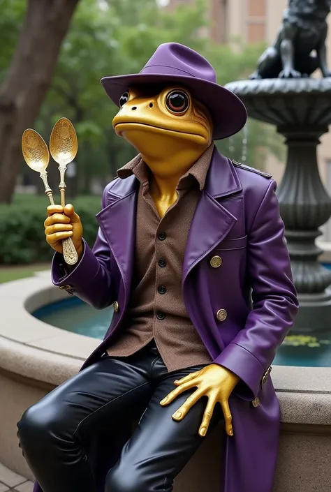 gold-colored frog , humanoid ( that the hands are like a frog )  With a purple Fedora hat ,  A purple leather trench coat ,  with a brown fabric shirt and black leather pants and two golden spoons with elegant details.  sitting at a fountain with a statue ...