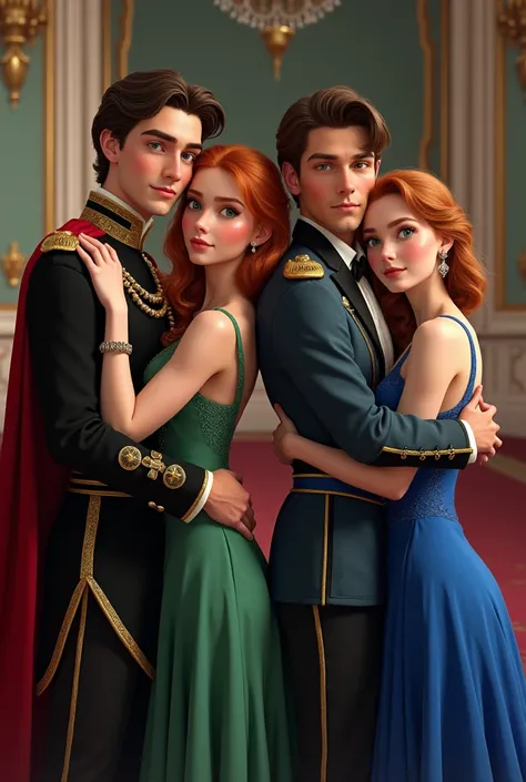  Create a realistic picture of four 20-year-old people .  James and Anya stand from left ,  James hugs her .  James has brown eyes and brown hair, he is in parading clothes , because he is Count ,  and Anya next to him she has blue eyes and reddish-yellow ...