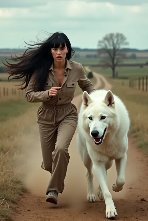 A rustic scene featuring a naturally proportioned woman (not too slender or too heavy) with long, loose, wavy black hair styled with bangs. He ran in fear, trying to escape from the giant white dog that was twice the size. The dog looked rabius, fierce and...