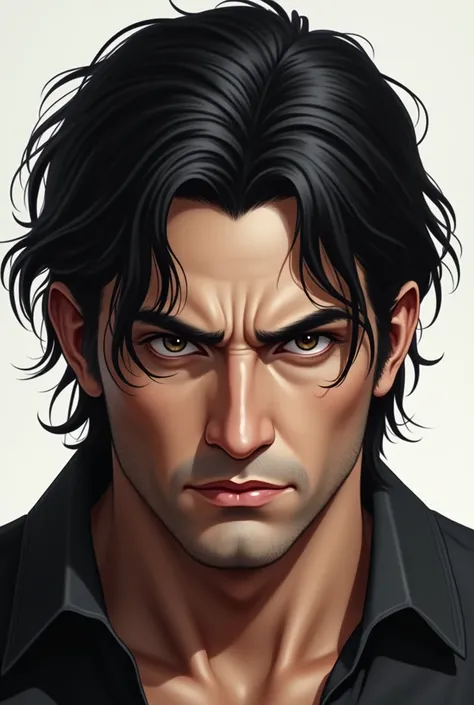  Realistic Image, Of a man with black hair,  black eyes, forehead, Serious,  illustration,  simple background 